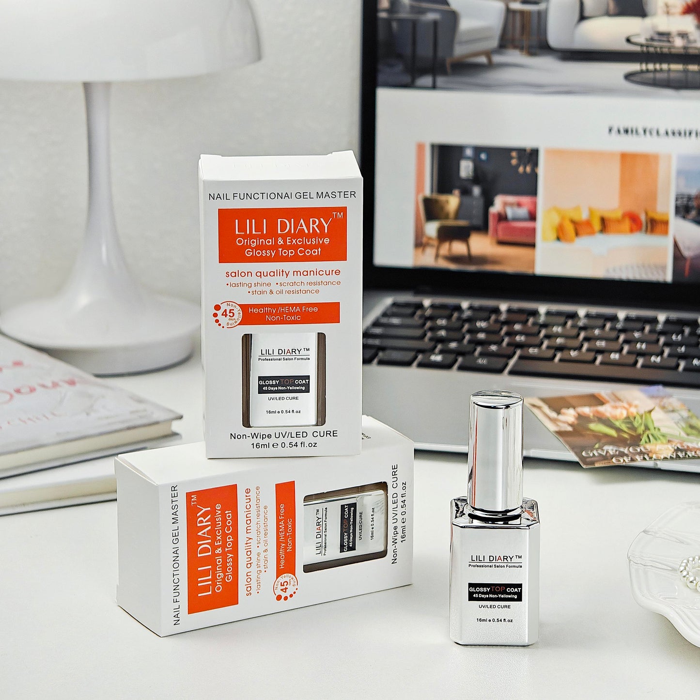 【LILI DIARY】 Nail Glass-Like Glossy Top Coat (HEMA FREE), 45 Days No Yellowing,Non-Wipe