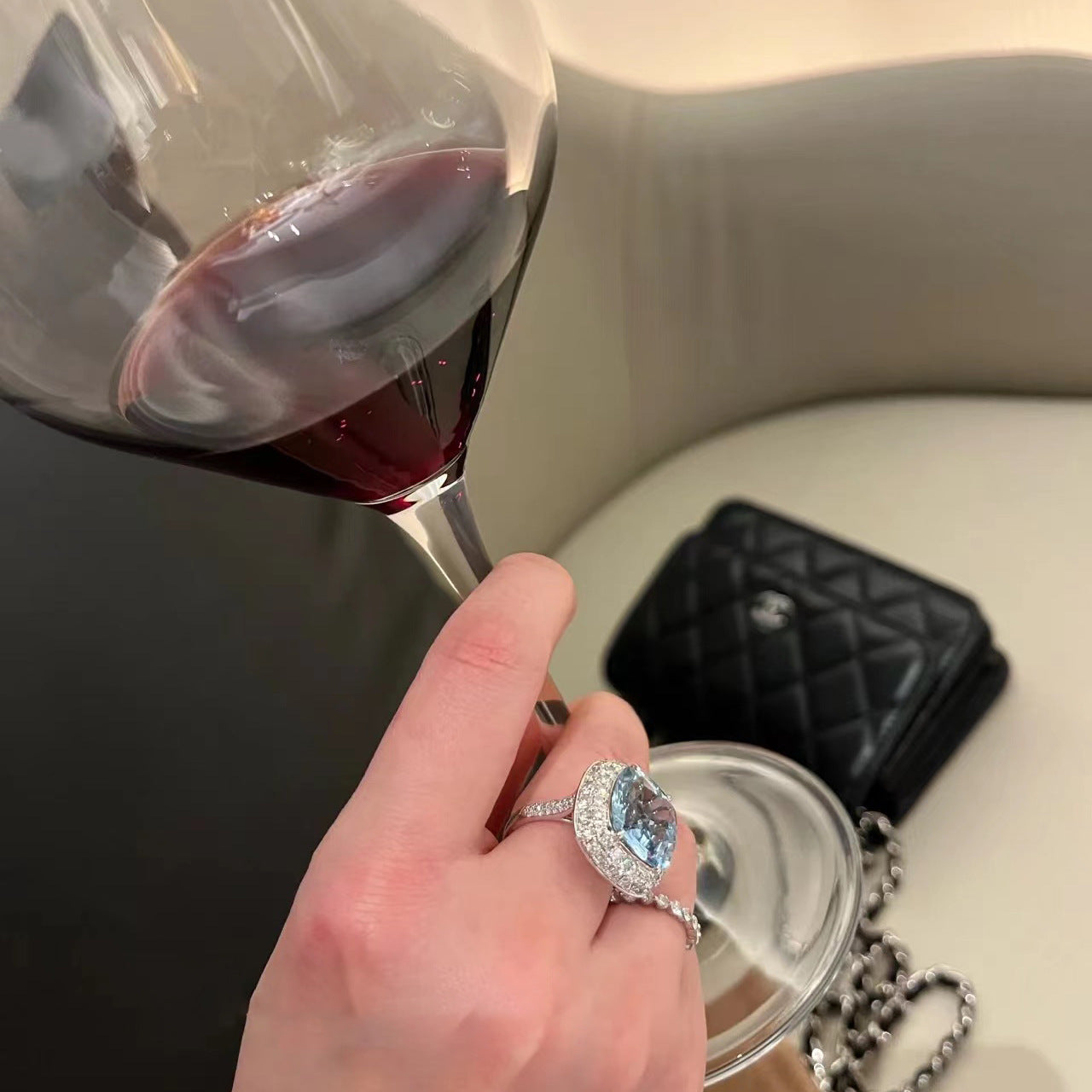 【R13】Faux Sapphire Diamond Ring--size adjustable