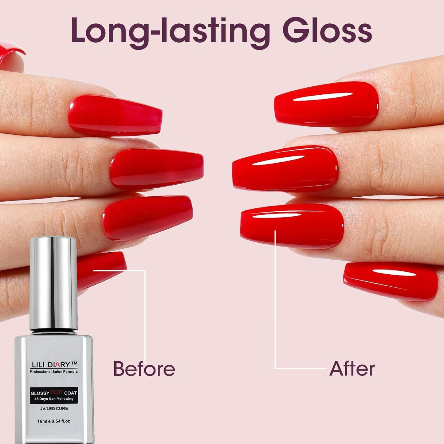 【LILI DIARY】 Nail Glass-Like Glossy Top Coat (HEMA FREE),  45 Days No Yellowing,Non-Wipe