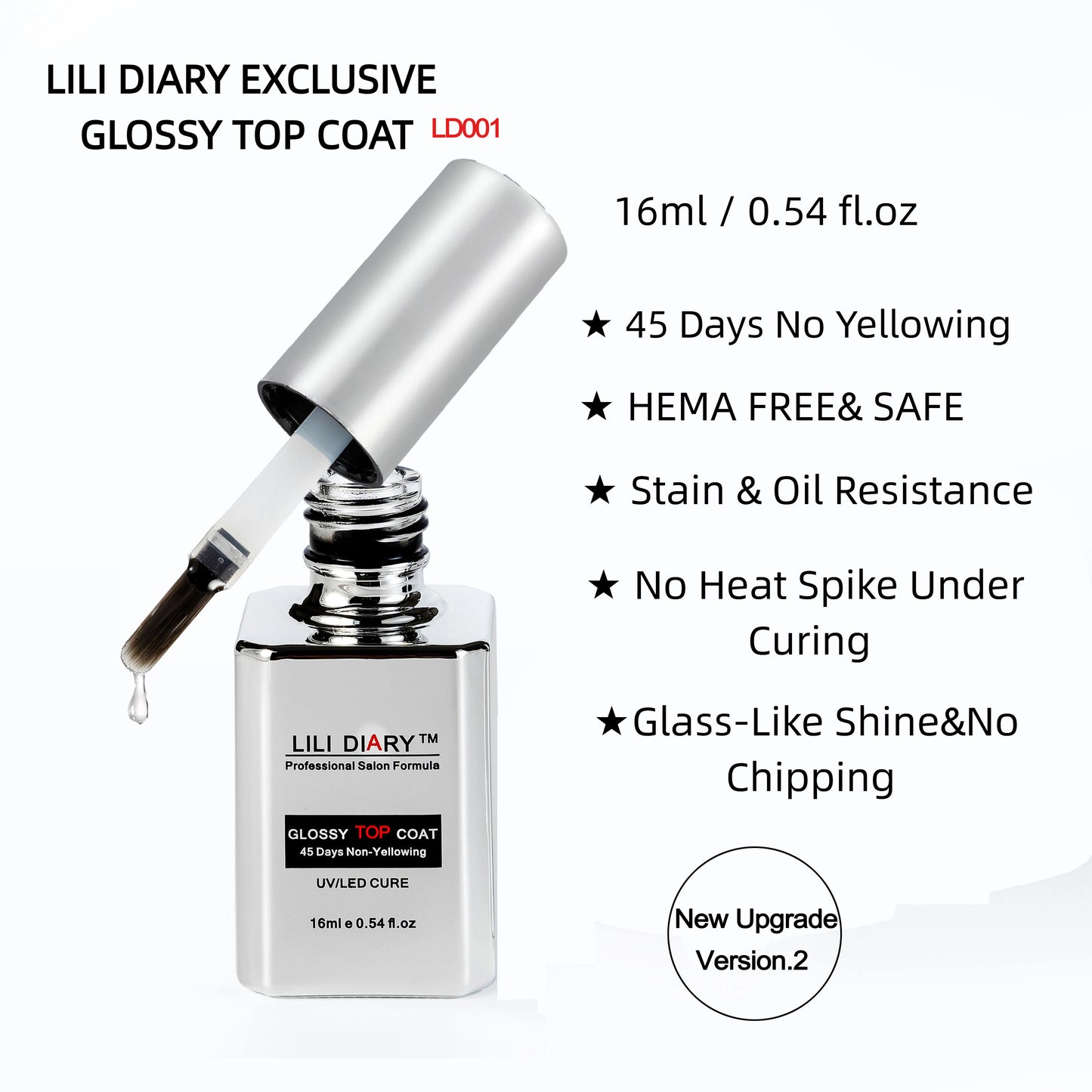 【LILI DIARY】 Nail Glass-Like Glossy Top Coat (HEMA FREE),  45 Days No Yellowing,Non-Wipe