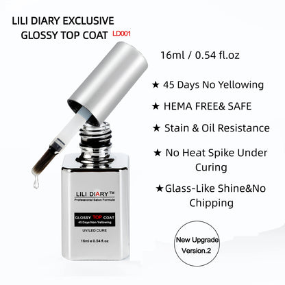 【LILI DIARY】 Nail Glass-Like Glossy Top Coat (HEMA FREE),  45 Days No Yellowing,Non-Wipe