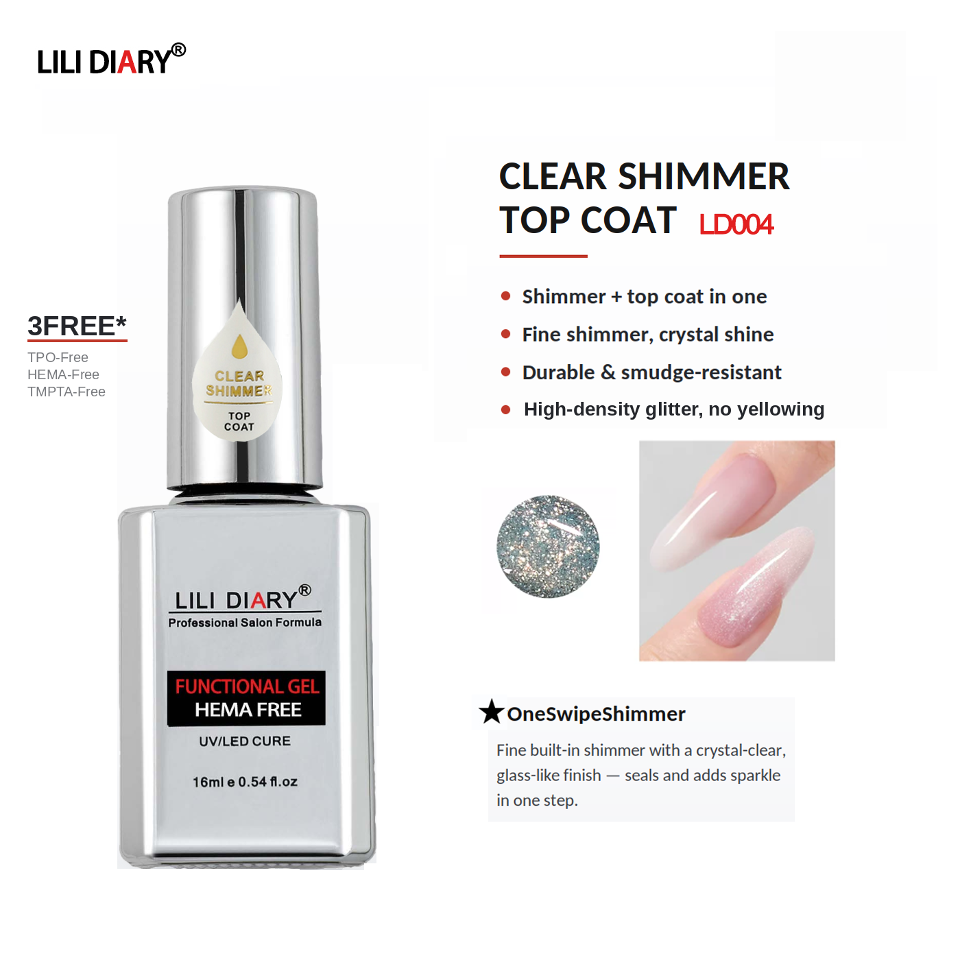 【LILI DIARY】 Nail Glass-Like Glossy Top Coat (HEMA FREE),  45 Days No Yellowing,Non-Wipe