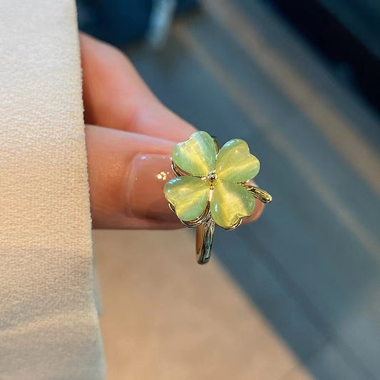【R04】Cat Eye Rotating Four-leaf Clover Ring  -size adjustable