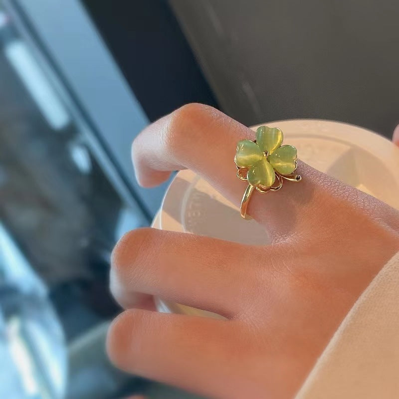 【R04】Cat Eye Rotating Four-leaf Clover Ring  -size adjustable