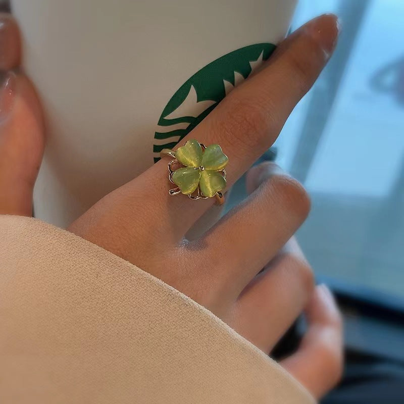 【R04】Cat Eye Rotating Four-leaf Clover Ring  -size adjustable