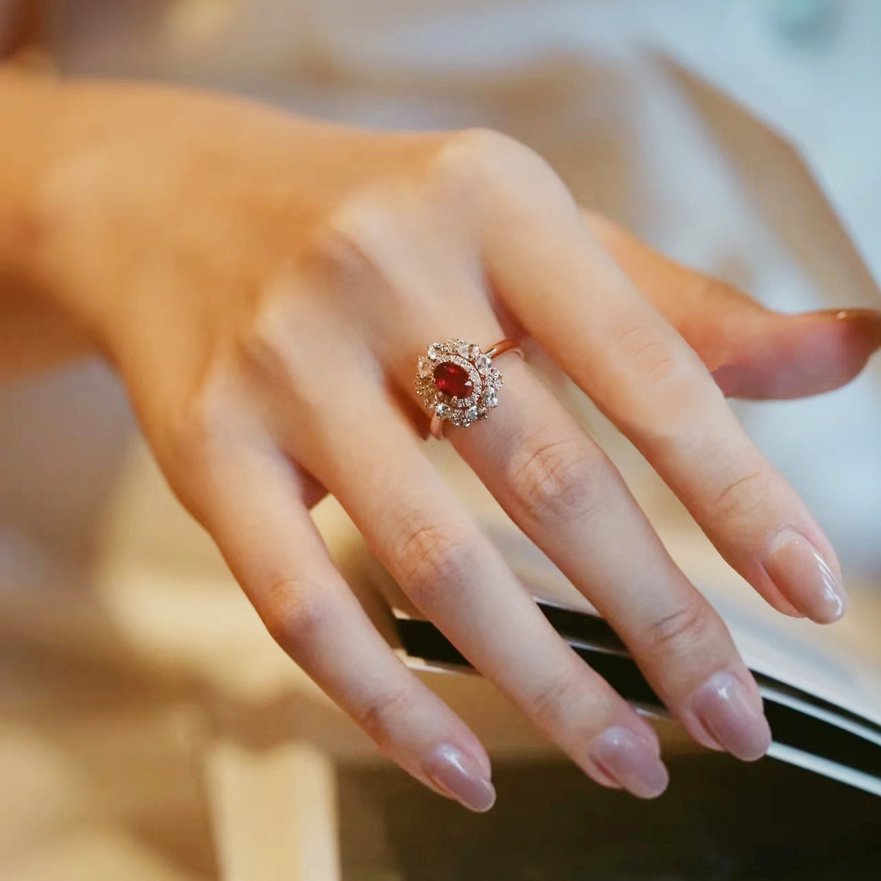 【R14】Vintage Faux Ruby & Diamond Ring--size adjustable