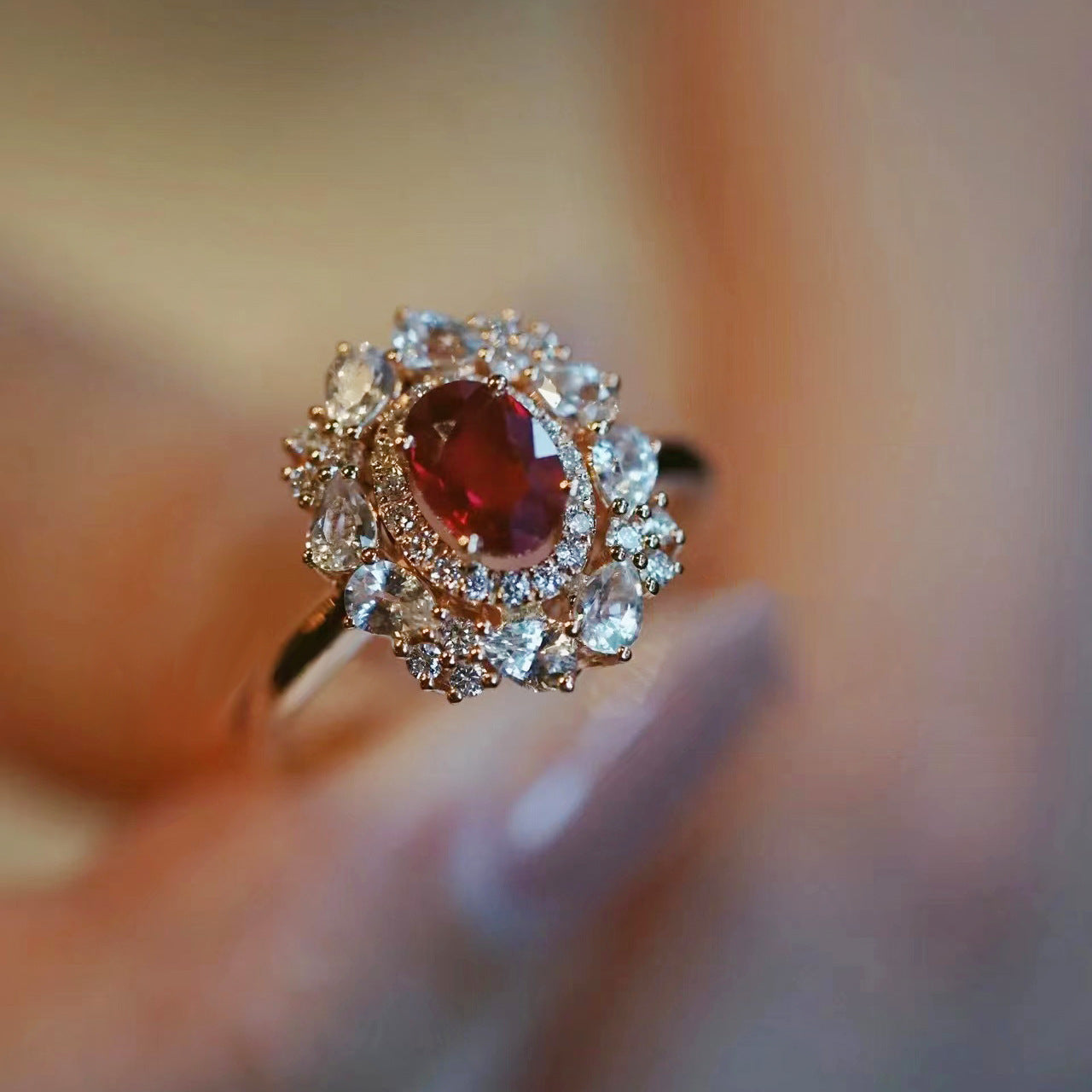 【R14】Vintage Faux Ruby & Diamond Ring--size adjustable